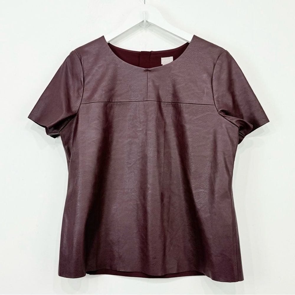 Chicos Burgundy Faux Leather Short Sleeve Contemporary Top